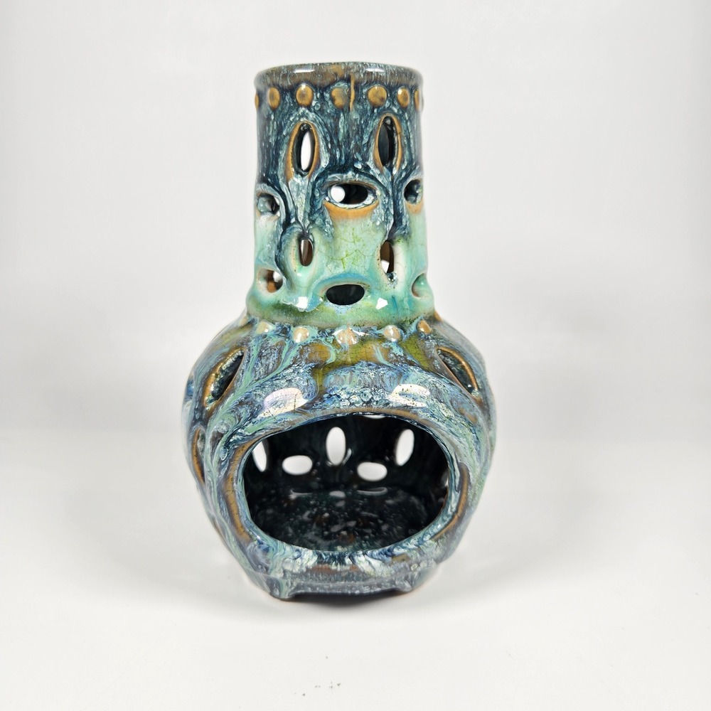 Beautiful Chiminea Handmade Iridescent‎ Glazed Ceramic Candle Holder blue green